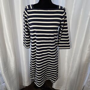 LL Bean Navy Blue White Nautical Stripe Cotton Shift Dress Medium Womens Preppy